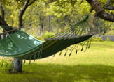 Beautiful landscape with hammock in the summer garden, sunny day, selective focus